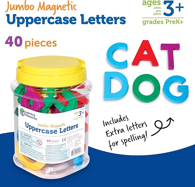 Learning Resources Jumbo Magnetic Uppercase Letters, ABCs, Early Letter Recognition, 40-Pieces, Large Magnetic Letters, Assorted Colors, Ages 3+