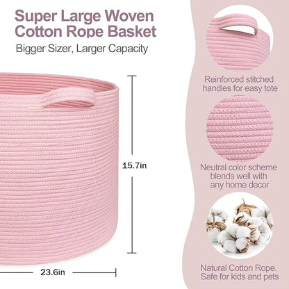 MEGASKET 115L Oversized Pink Basket, 23.6"x15.7" Woven Cotton Rope Bin with Handles, XXXL Blanket Storage for Living Room, Kids Toy Storage Bin Box, Baby Laundry Basket for Organizing, Pink Room Decor