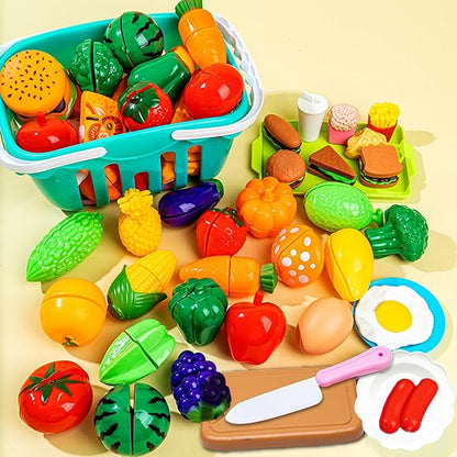 Kids Kitchen Toy Accessories Kitchen Playset Pretend Cooking Play Pots Pans Utensils Cookware Food Fruit Veges Shopping Storage Basket Learning Present for Girls Boys