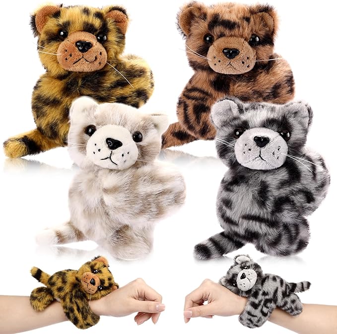 HyDren 4 Pcs Stuffed Animal Slap Bracelets for Kids,8 Inch Plush Snow Leopard Hamster Hugger Slap Bracelets Bulk Toy Hug Snap Wristbands for Girls Boys Birthday Gifts Party Favors(Snow Leopard)