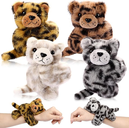 HyDren 4 Pcs Stuffed Animal Slap Bracelets for Kids,8 Inch Plush Snow Leopard Hamster Hugger Slap Bracelets Bulk Toy Hug Snap Wristbands for Girls Boys Birthday Gifts Party Favors(Snow Leopard)