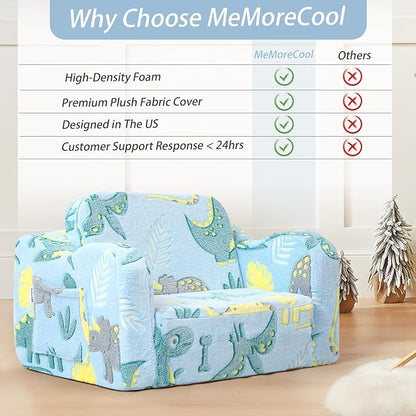 MeMoreCool Glow in The Dark Dinosaur Toddler Couch, Foldable Plush Kids Recliner Chair, Baby Lounge Sofa, Fold Out Couch for Boys Ages 1-3 (Blue)