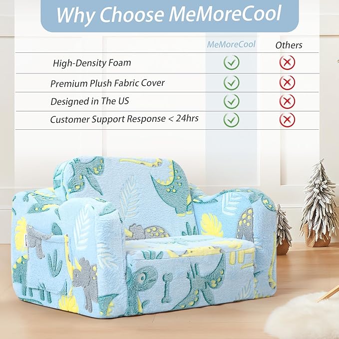 MeMoreCool Glow in The Dark Dinosaur Toddler Couch, Foldable Plush Kids Recliner Chair, Baby Lounge Sofa, Fold Out Couch for Boys Ages 1-3 (Blue)