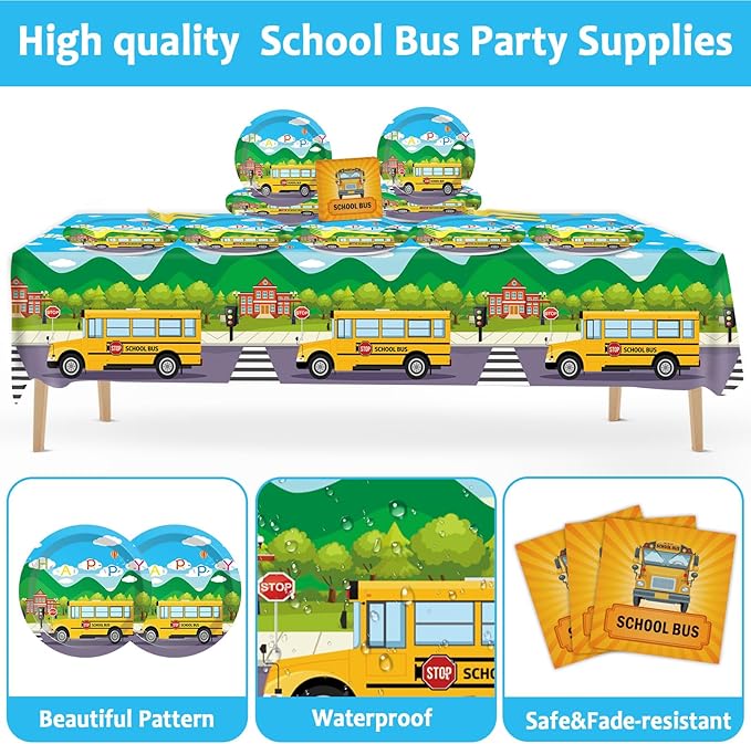 School Bus Birthday Party Supplies Back to School Decorations School Bus Theme Party Tableware Includes Plates Napkins Fork and School Bus Tablecloth for Kindergarten Parties Decorations Set Serve 20
