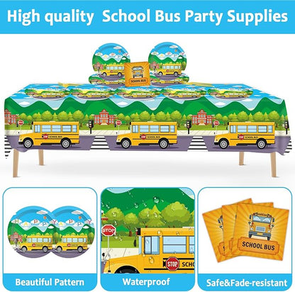 School Bus Birthday Party Supplies Back to School Decorations School Bus Theme Party Tableware Includes Plates Napkins Fork and School Bus Tablecloth for Kindergarten Parties Decorations Set Serve 20