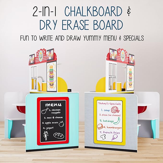 Lil' Jumbl Double-Sided Restaurant Playset for Kids, Wooden Pretend Diner Set, Kitchen Set with Cash Register, Burners, Faucet & Dispenser are Battery Operated and Make Realistic Sound & Light