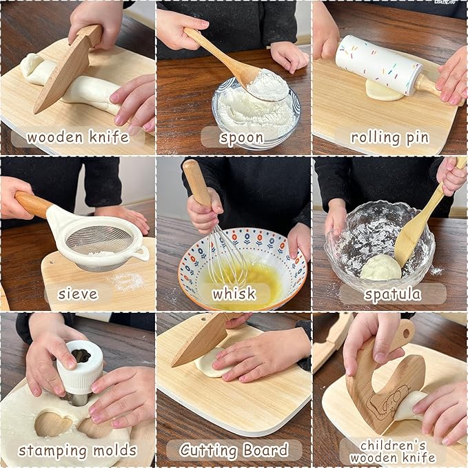 Wooden Kids Safe Knife and Kids Baking Set for Real Cooking, 10 Pcs Montessori Kitchen Tools,Toddler Knife Set Ideal for Cooking and Baking