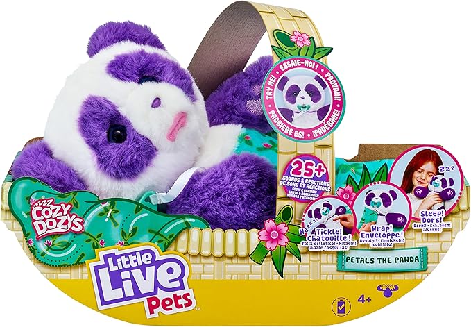 Little Live Pets WODJ4 Cozy Dozys: Petals The Panda | Interactive Plush Toy Panda. 25+ Sounds and Reactions. Magical Eye Movement. Blanket, Pacifier for Kids Ages 4+, Multicolor (26400)