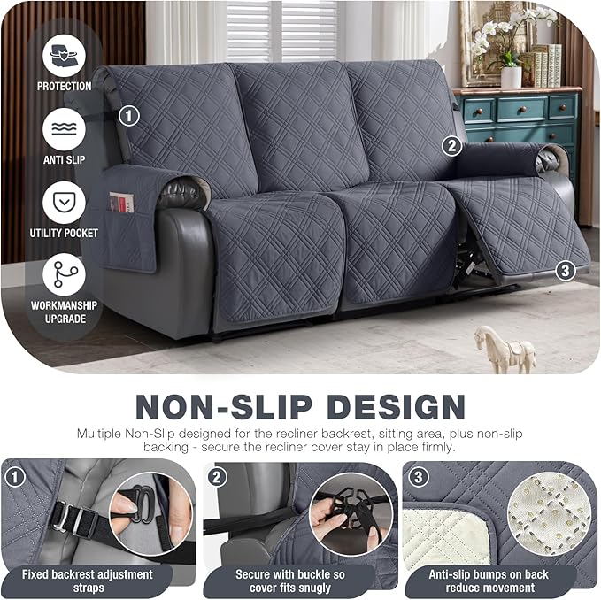 TAOCOCO Waterproof Recliner Sofa Cover Couch Cover for Reclining Couch 3 Seat Non-Slip Split Sofa Slipcover 3-Pieces with Straps, Washable Reclining Sofa Cover for Kids Pets(3 Seater, Dark Grey)