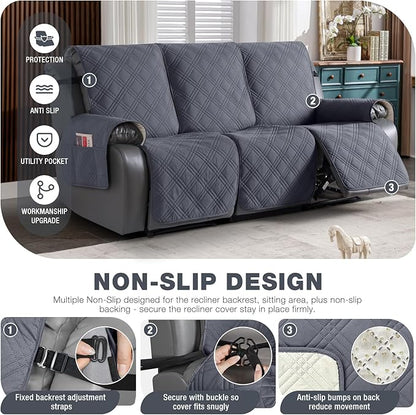 TAOCOCO Waterproof Recliner Sofa Cover Couch Cover for Reclining Couch 3 Seat Non-Slip Split Sofa Slipcover 3-Pieces with Straps, Washable Reclining Sofa Cover for Kids Pets(3 Seater, Dark Grey)