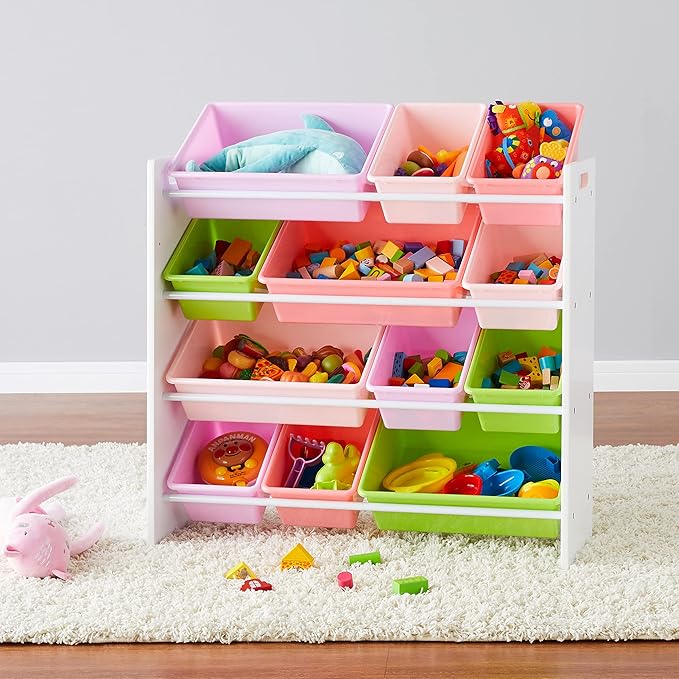 Amazon Basics Kids Toy Storage Organizer with 12 Plastic Bins, White Wood with Pink Bins, for Bedroom and Playroom, 33.85"D x 12.79"W x 35.42"H
