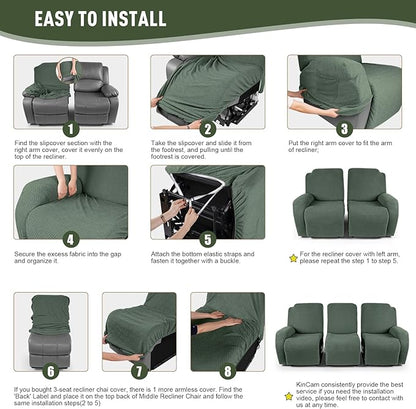 KinCam Recliner Covers, Stretch Reclining Chair Covers, Recliner Sofa Slipcovers Stripe Jacquard Recliner Couch Covers Furniture Protector Covers for Pet Kid (3 Seater, Greyish Green)