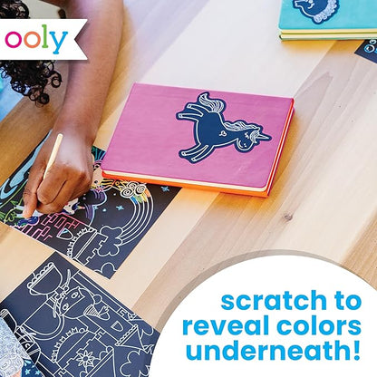 Ooly Scratch & Scribble 10pc Art Kit with 8 Total Scratch Cards (4 Illustrated, 2 Blank, 2 Rainbow) with Scratching Tool and Sparkled Stickers, Art Set Gifts for Kids - Unicorns