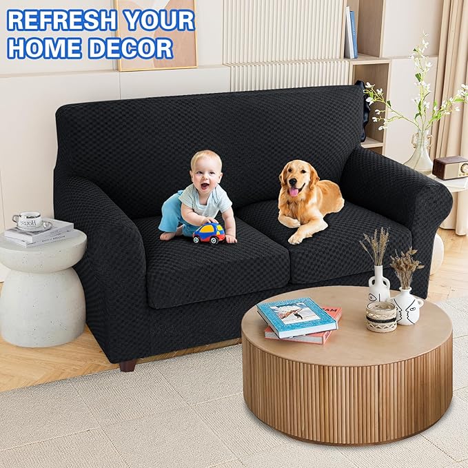 MAXIJIN 3 Piece Jacquard Couch Covers for 2 Cushion Couch Stretch Non Slip Love Seat Couch Cover for Dogs Pet Friendly Elastic Furniture Protector Loveseat Slipcovers (Loveseat, Black)