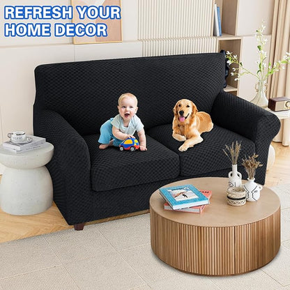 MAXIJIN 3 Piece Jacquard Couch Covers for 2 Cushion Couch Stretch Non Slip Love Seat Couch Cover for Dogs Pet Friendly Elastic Furniture Protector Loveseat Slipcovers (Loveseat, Black)