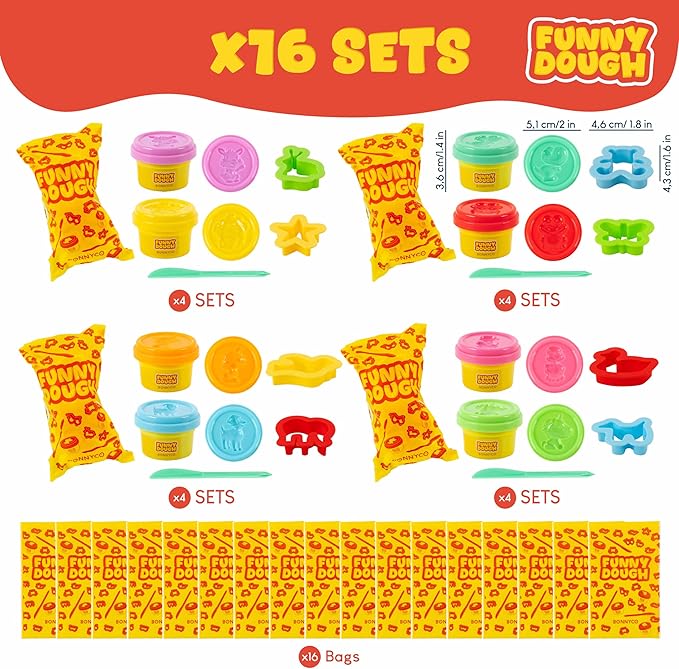 BONNYCO Play Dough Set with Molds and Goody Bags, Pack 16 Party Favors for Kids Age 3-9. Bulk Gifts, Kids Toys, Mini Birthday Games, Stocking Stuffers, Arts and Crafts Kit for Classroom