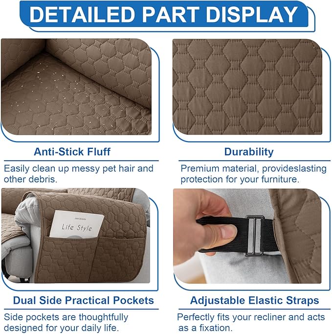 100% Waterproof Recliner Chair Covers That Stay in Place, Non-Slip Recliner Armchair Cover with 5 Pockets, Elastic Straps, Washable Reclining Chair Protector for Kids, Pets, Dogs (Khaki, 30inch)