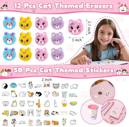 158Pcs Cat Party Favors Set with Cat Headband Keychains Tattoo Stickers Erasers Slap Bracelets Hairpin Goodie Bags Cat Party Supplies Cat Birthday Decorations Girl Party Favors