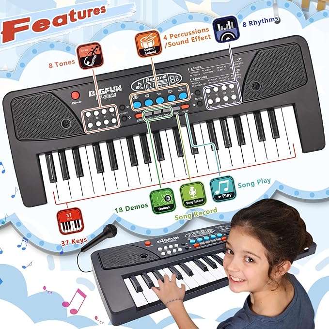 Kids Piano Keyboard, 37 Key Portable Electronic Piano for Kids Ages 3-6, Keyboard with Microphone Musical Toy Birthday Educational Xmas Gift Toys for 3 4 5 6 Year Old Boys Girls