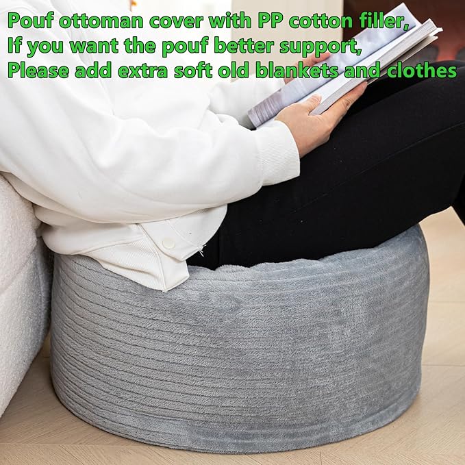 Pouf Ottoman Stuffed 20x20x12 Inches Floor Pouf Plush Fiber Ottoman Foot Rest Under Desk Foot Stool for Living Room Bedroom (Gray Stripe Pouf with Filler)