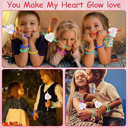 100 Sets Valentine's Day Party Supplies Gifts Include 100 Glow Sticks with 100 Heart Cards, Valentine Prize Exchange Cards Glow in the Dark Party Favors