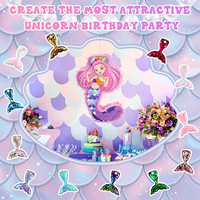 Wettarn 90 Pieces Mermaid Party Favors Includes Piñata Bundle 16 x 12 x 3 Inch, Mermaid Hairpin Slap Bracelets Rings Stickers for Kids Girls Mermaid Birthday Party Supplies Mermaid Goodie Bag Fillers