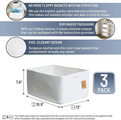 NaturalCozy Storage Baskets 16.8”x13”x7.6” Cotton Rope Woven Baskets for Organizing 3-Pack | Toy Storage Bins | Basket for Shelves, Laundry, Blanket, Clothes, Closet, Kitchen, Bathroom, Gifts