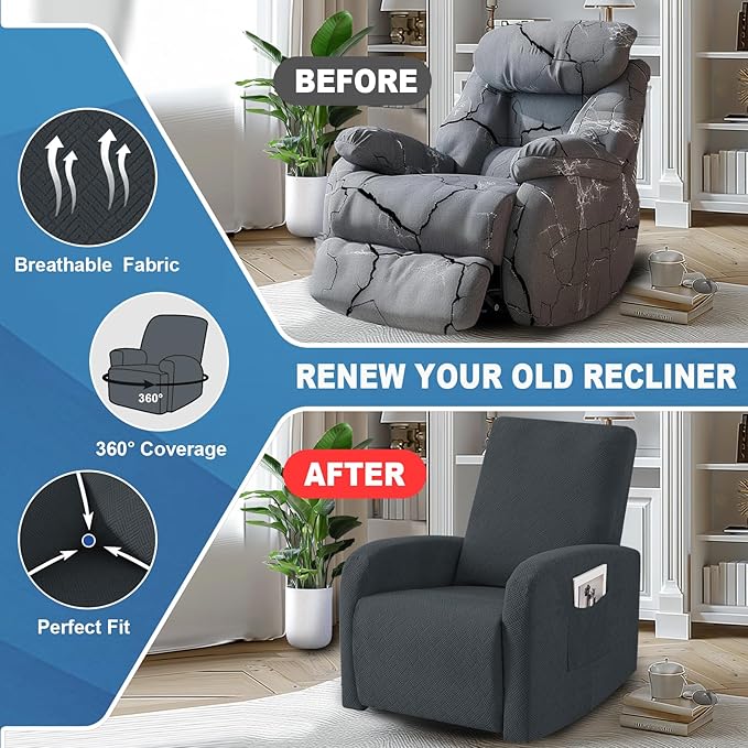 JIVINER 3 Piece Small Recliner Covers for Large Recliner with Pockets Stretch Jacquard Lazy Boy Reclining Couch Cover Soft Furniture Couch Protector with Elastic Bottom (1 Seater Small, Dark Gray)