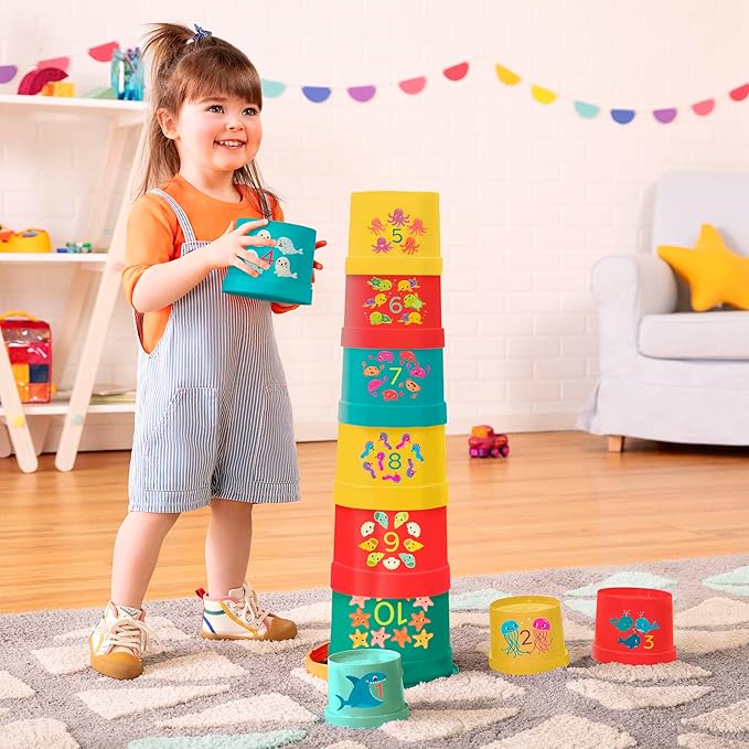 B. toys- Bazillion Buckets- Sort & Stack- 10 Stacking Cups – Numbered Nesting Cups – Bath & Backyard Toys – Educational Play Set for Toddlers, Kids – 18 Months +
