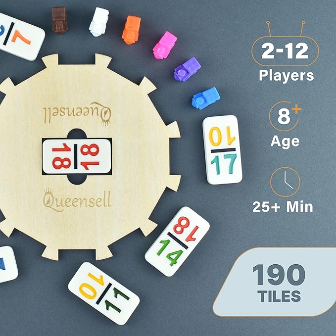 Queensell Mexican Train Dominoes Set with Numbers - Double 18 Dominos Set for Adults and Kids - Mexican Dominoes Train Game Night Games for Adults with Wooden Hub and Aluminum Case