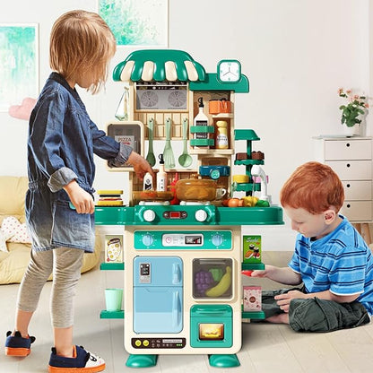 Deejoy Kitchen Playset,48Pcs for Boys and Girls, Kitchen Toys with Realistic Lights&Sounds, Simulation of Spray and Play Sink, Pretend Play Food with Toddler