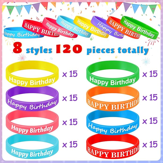 Sratte 120 Pcs Happy Birthday Rubber Bracelets for Kids Stretch Wristbands Bulk Birthday Bracelets for Classroom Student Back to School Gift Teacher Birthday Party Favors Supplies