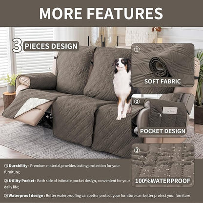 Easehomey Waterproof Recliner Sofa Cover,Non-Slip Reclining Sofa Covers for 3 Seat,Washable Reclining Sofa Cover Furniture Protector with Elastic Straps Pocket for Kids, Pets(Taupe,3Seat)