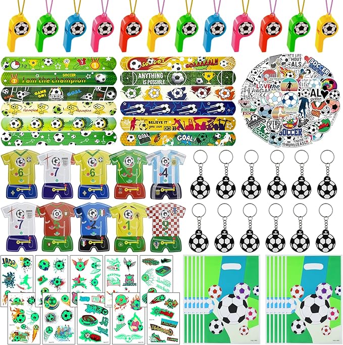 122 Pcs Soccer Party Favors Set with Soccer Goodie Bags Soccer Slap Bracelets Tattoo Stickers Puzzle Toys Soccer Stickers Whistles Soccer Party Supplies Soccer Party Decorations