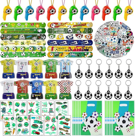 122 Pcs Soccer Party Favors Set with Soccer Goodie Bags Soccer Slap Bracelets Tattoo Stickers Puzzle Toys Soccer Stickers Whistles Soccer Party Supplies Soccer Party Decorations