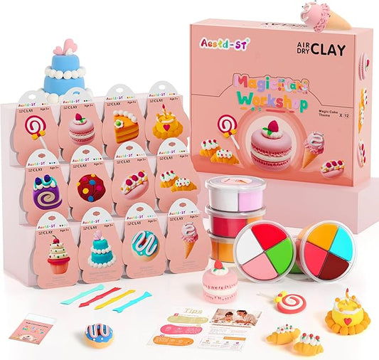 Air Dry Clay Kit - Cake Themed, Modeling Clay for Kids, Dessert DIY Model Magic Clay with Tools and Tutorials, 12 Boxes Molding Clay, Ultra Light, Soft & Non-Sticky, Arts and Crafts Gifts for Kids