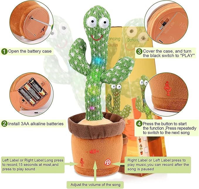 Dancing Talking Cactus Toy for Baby Boys Girls Toys, Adjustable Volume Dancing Cactus Toy Singing Mimicking Recording Repeating What You Say with LED English Sing Talking 15 Second Voice Recorder