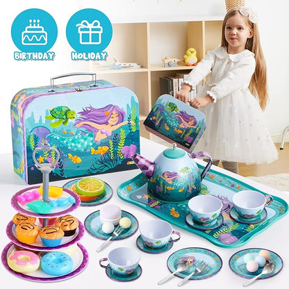 JOYIN 35Pcs Mermaid Tea Party Set for Little Girls, Pretend Tin Teapot Set, Princess Tea Time Play Kitchen Toy with Dessert, Doughnut, Carrying Case for Birthday Easter Gifts Kids Toddlers Age 3 4 5 6