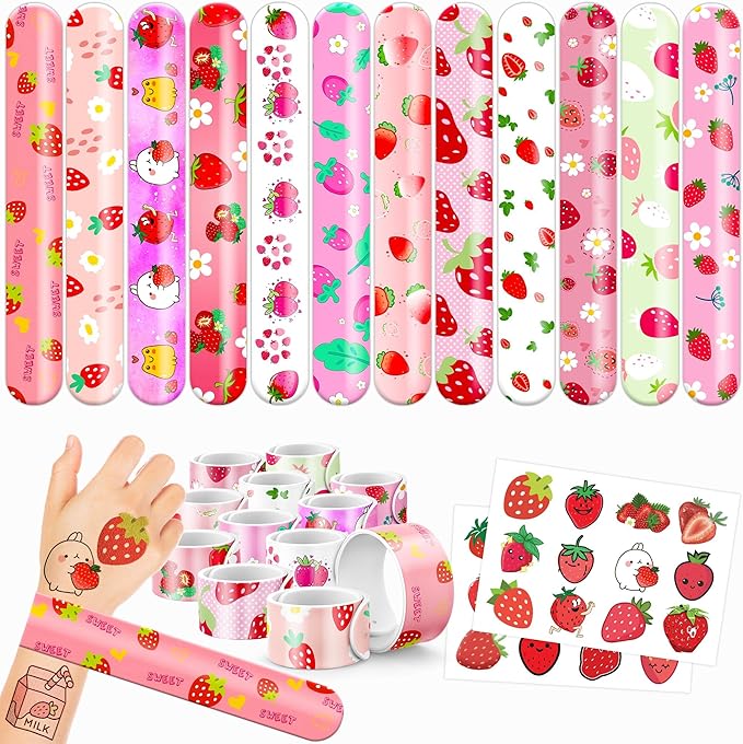 48PCS Strawberry Party Favors - 24PCS Tattoos & 24PCS Slap Bracelets - Berry Themed Birthday, Baby Shower, Goody Bag Fillers, Summer Party Supplies, Classroom Prizes, Gifts for Kids & Toddlers