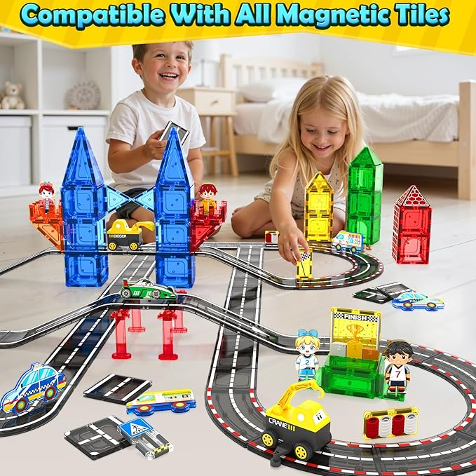 Magnetic Tiles Road Race Track with Engineering Car, Magnetic Building Blocks for Toddler Kids Toys, Educational Construction Toys Gift for 3+ Year Old Boys and Girls
