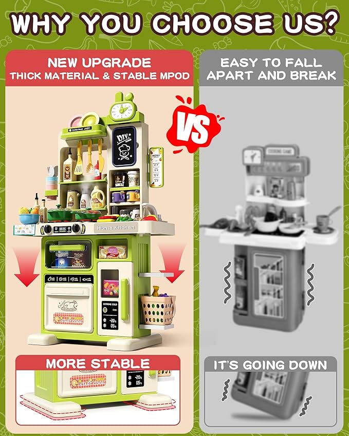 33.8IN - 70PCS Kids Kitchen Playset with Sound & Light - Cooking Stove with Steam, Play Sink and Toy Kitchen Accessories - Pretend Kitchen Play Food Toys for Kids Boys Girls - Toddler Play Kitchen Set