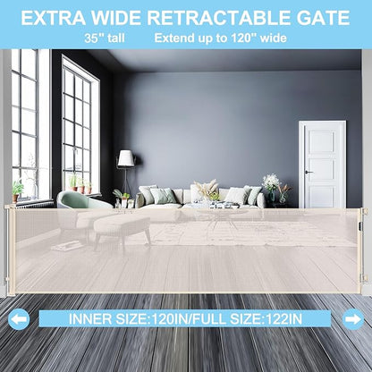 120 Inch Retractable Baby Gates Extra Wide Baby Gate Retractable Dog Gates for The House Extra Wide Dog Gate Extra Long Baby Gates for Large Opening Extra Large Pet Gate Child Gate for Doorway (Beige)