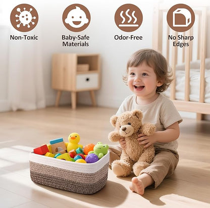 5-Pack Small Woven Rope Storage Baskets – 2 Sizes Organizer Bins for Closet, Shelf, Bookshelf, Nursery, Changing Table, Fabric Cube Boxes, Rectangular Shallow Bins for Bathroom, Toy & Home