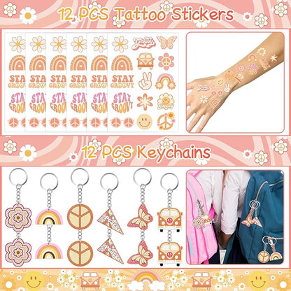Groovy Party Favors 72 PCS Retro Boho Slap Bracelets DIY Stickers Temporary Tattoos Keychains Plastic Straws Gift Bags for Retro 60s 70s Boho Themed Birthday Party Baby Shower Classroom Rewards
