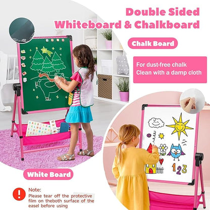 Kids Art Easel Double-Sided Easel Designed with Height Adjustable Function & Large Storage Bag Whiteboard & Chalkboard 360°Rotating Kids Drawing Easels for Kids Toddlers (26inch-43inch)