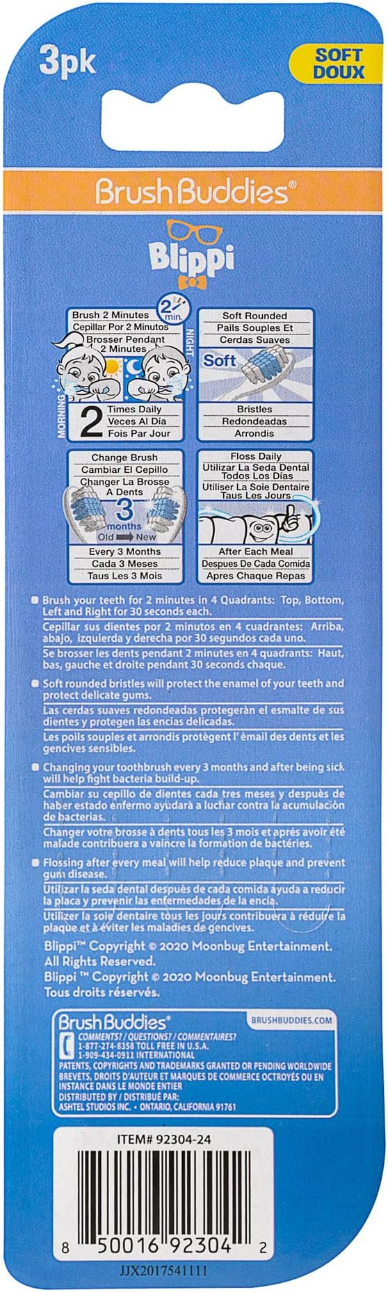 Brush Buddies Blippi Kids Toothbrushes, Manual Toothbrushes for Kids, Toothbrush for Toddlers 2-4 Years, Blippi Childrens Toothbrush, Soft Toothbrushes, 3 Count