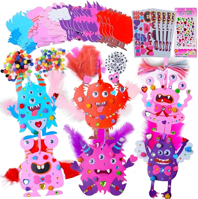 30 Sets Valentines Day Crafts for Kids, DIY Foam Monster Valentine Cards Craft Kit for Kids, Valentines Hanging Decorations Ornament Valentines Activities Supplies for School Classroom Home