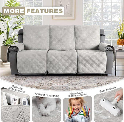 TAOCOCO 100% Waterproof Recliner Sofa Cover, Non Slip Split Couch Covers for Reclining Couches with Elastic Straps, Washable Reclining Sofa Cover Furniture Protector for Kids Pets(3 Seater, Off White)