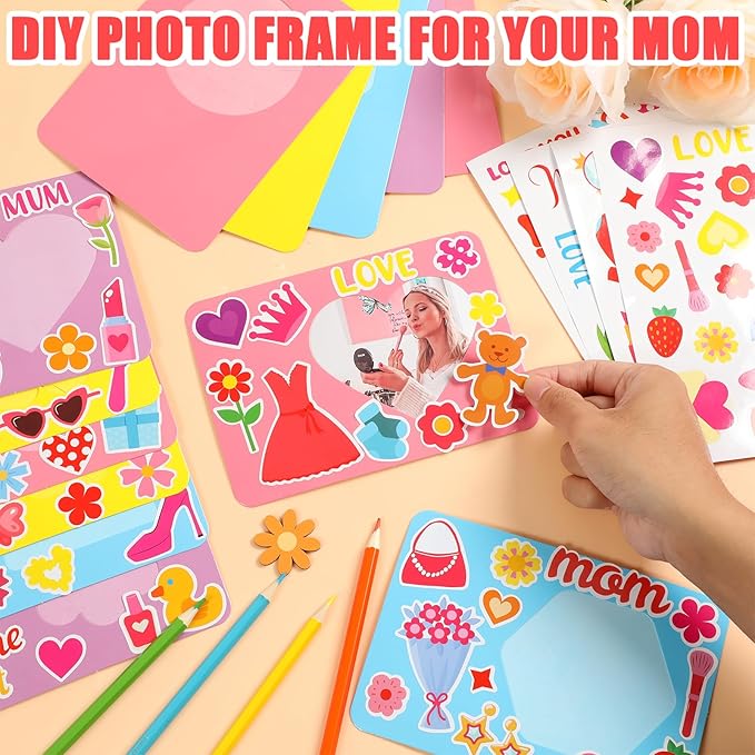Qyeahkj 40 Sets Mother's Day Picture Frame Craft Kit for Kids DIY Best Mom Ever Photo Frame Craft Set with Easel Mother's Day Flower Paper Craft Arts with Stickers for Mama Home Class Party Activity