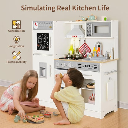 Play Kitchen Pretend Wooden Kids Kitchen Playset Toy Kitchen with Real Sound & Light and Toy Storage System and 12 Pcs Toddler Kitchen Accessories, for Boys and Girls Ages 3+,White Grey